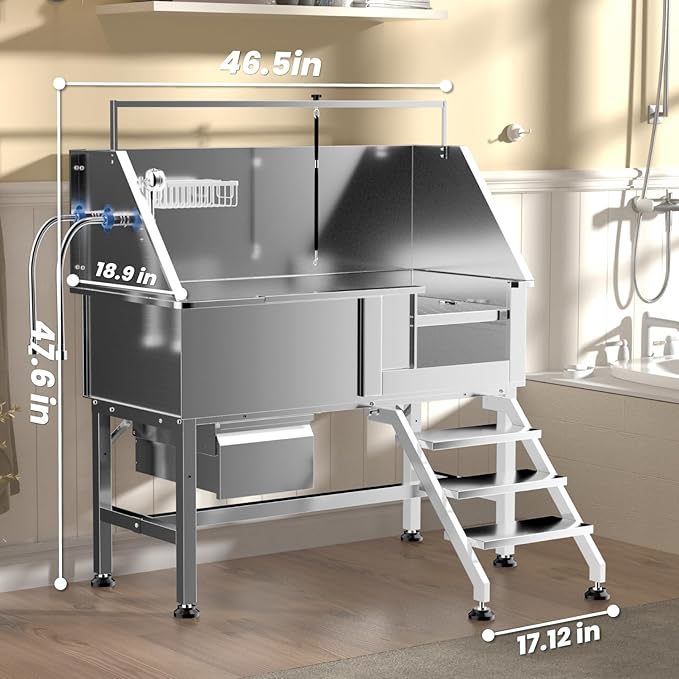 46" Dog Washing Station, Professional Stainless Steel Dog Bathtub w/Ramp & Storage Drawer, Adjustable Grate, Non-Slip Design, Perfect for Home Grooming & Large Dogs (46" Right Stair)
