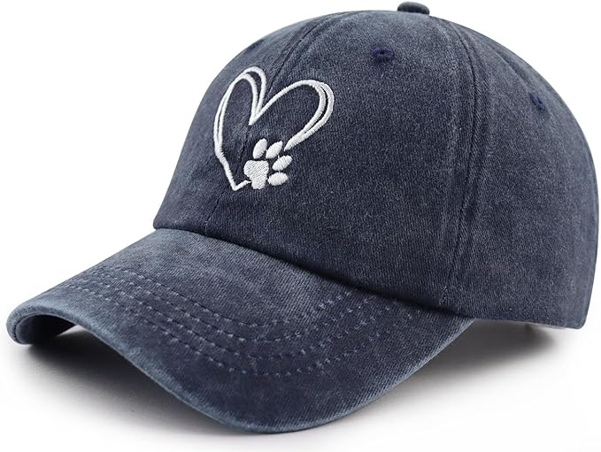 Dog Paw Print with Love Heart Hat for Women Men, Funny Adjustable Cotton Embroidered Dog Lovers Gifts Baseball Cap