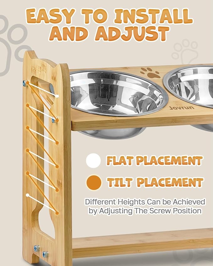 Elevated Dog Bowls, Adjustable Raised Dog Bowl Stand for Medium Size Dogs and Cats, Durable Bamboo Dogs Feeder with 2 Stainless Steel Bowls and Non-Slip Feet, Pet Food Bowl for Medium Sizes