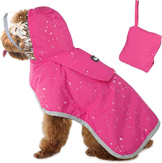Lukovee Dog Raincoat, Adjustable Dog Rain Jacket with Clear Hooded Double Layer for Large Medium Small Dogs Puppies, Waterproof Rain Coat Poncho with Reflective Storage Pocket & Rim (Fuchsia,XS)