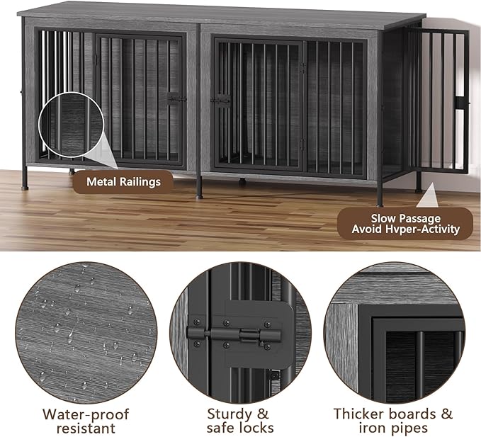 EasyCom Dog Crate Furniture for 1 or 2 Dogs, Heavy Duty Single/Double Dog Crates for Small/Medium/Large Dogs, Dog Kennel Furniture Indoor as TV Stand, Large Size 78.74" L(35-60 Pounds), Dark Grey