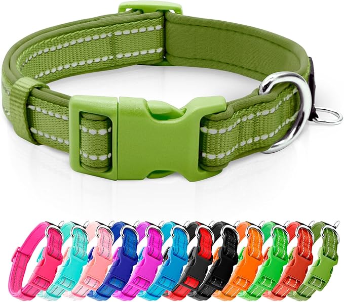 azuza Reflective Dog Collar, Soft Neoprene Padded Pet Collar with ID Tag Ring, Adjustable for Puppy and Small Dogs,Army Green,XS