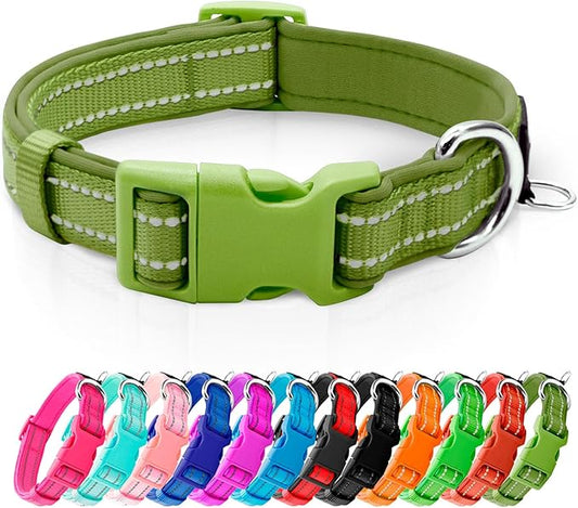 azuza Reflective Dog Collar, Soft Neoprene Padded Pet Collar with ID Tag Ring, Adjustable for Medium Dogs,Army Green,M