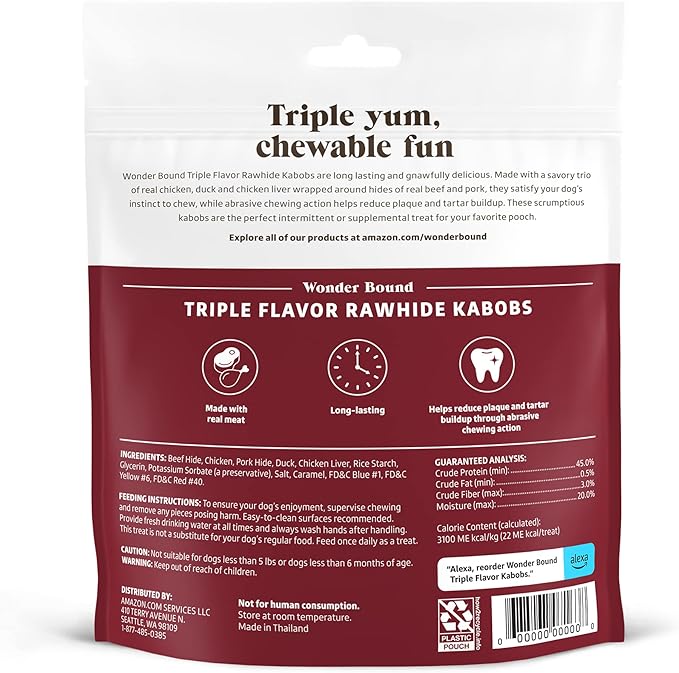 Amazon Brand - Wonder Bound Triple Flavor Chicken Rawhide Kabobs for Dogs, 12 oz., Pack of 18