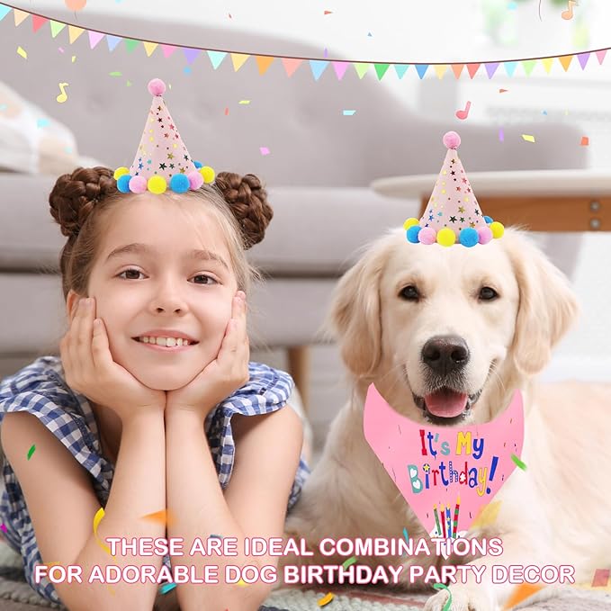 FunMular Dog Birthday Party Supplies Pink Dog Birthday Hat with Numbers Bandana Bow Tie Banner and Tutu Skirt for Small Medium Dogs Pets
