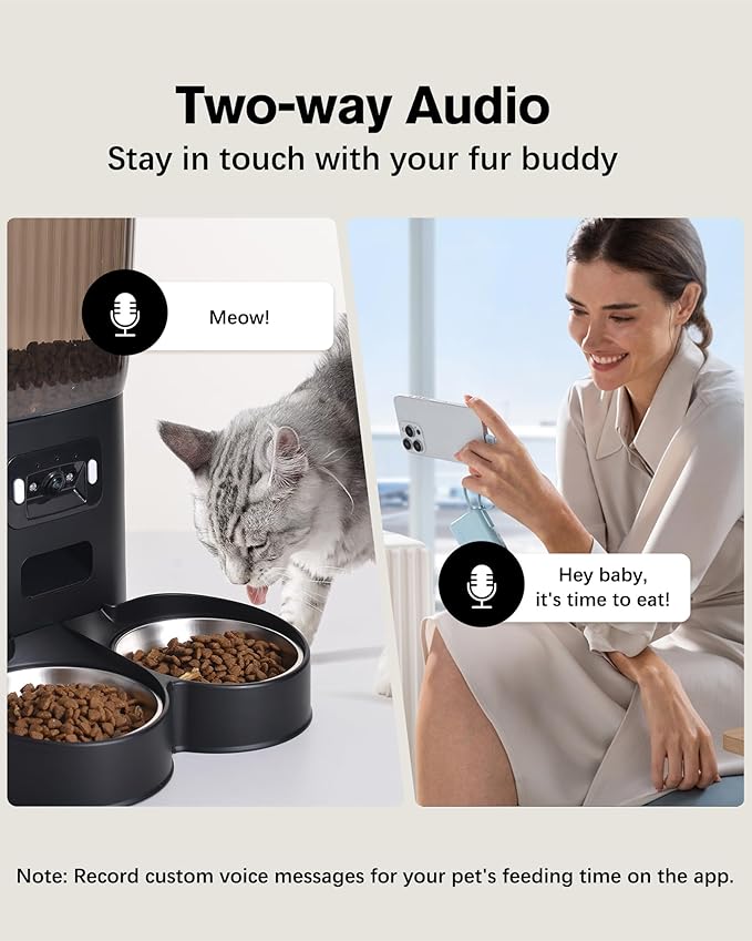 Automatic Cat Feeder, Camera Auto 2 Cats Dispenser 5L Microchip WiFi 2.4G&5G Timed Dual Pet Smart APP Dry Food Self Feeding Container Station (Black)
