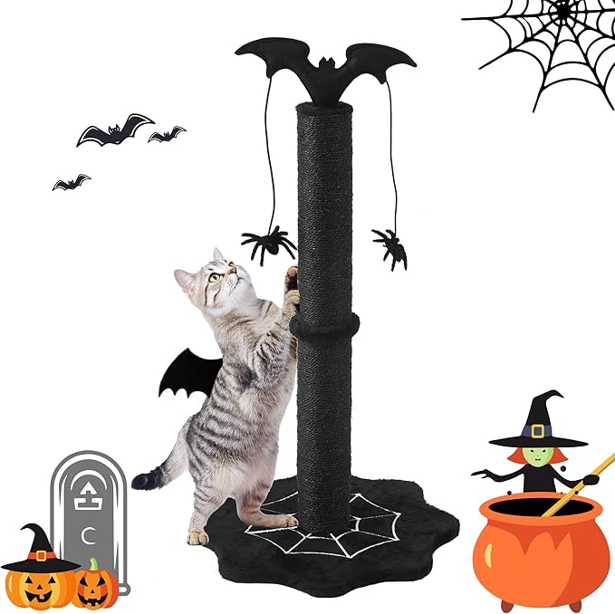 Gothic Cat Scratching Post, Sisal Cat Scratcher with Interactive Hanging Spider Toys, Monster Scratch Pole for Indoor Cats, Halloween Cat Scratch Post for Large Cats, Black