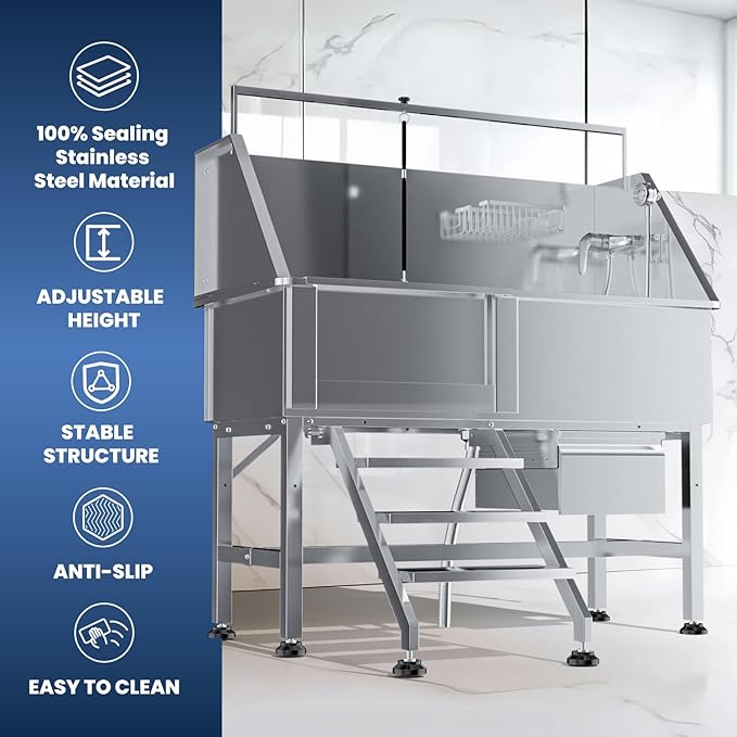 46" Dog Washing Station, Professional Stainless Steel Dog Bathtub w/Ramp & Storage Drawer, Adjustable Grate, Non-Slip Design, Perfect for Home Grooming & Large Dogs (46" Left Stair)