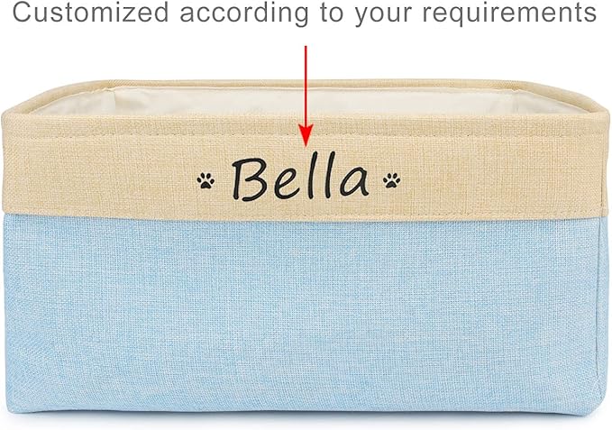 Personalized Dog Toy Box, Dog Toy Basket Storage with Cotton Handle, Customized Name and Paw Heart Print Puppy Toy Bin for Organizing Food Clothes and Pets Accessories(Paw Light Blue)