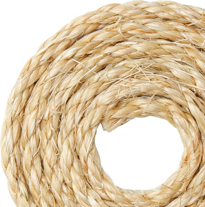 Natural Sisal Rope 1/4 Inch by 32-Feet for Cat Scratching Post Tree Tower Replacement Repair and Replace, DIY Hemp Twine Rope for Kittens Shelves Furniture Window Bed Perch House, 6mm by 10m