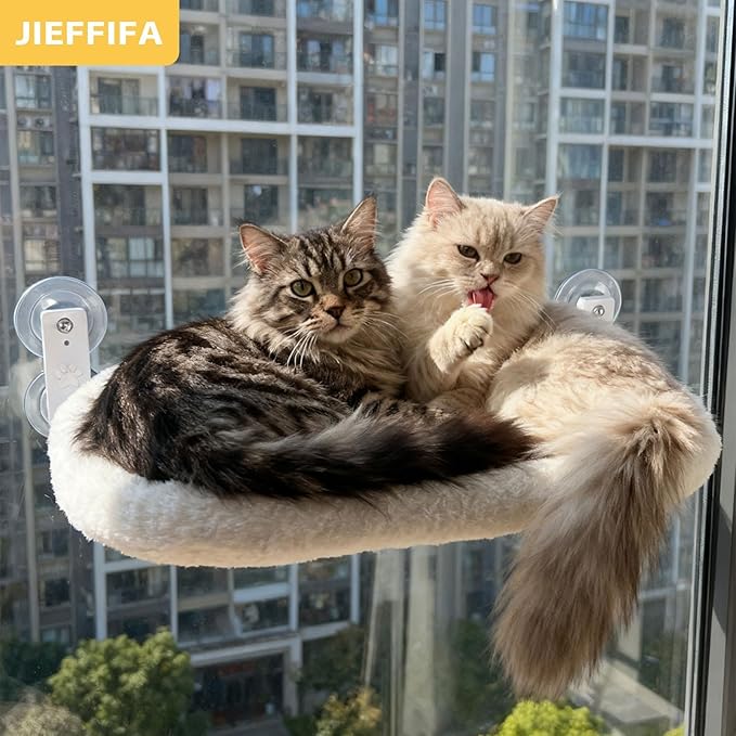 Cat Window Perch with Strong Suction Cups, Cat Window Hammock Foldable Bed with Breathable Mesh, All-Season Lounger for Medium Small Cats to Bird Watch & Sunbathe (White, XL)