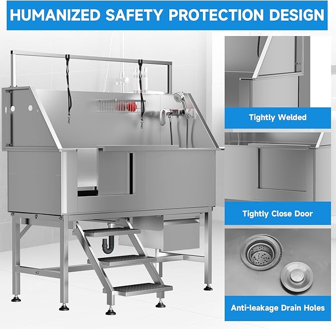 Dog Washing Station 46" Dog Grooming Tub with Left Stair& Faucet, Stainless Steel Dog Bathing Station for Home,Dog Bathtub for Large,Medium,Small Pets