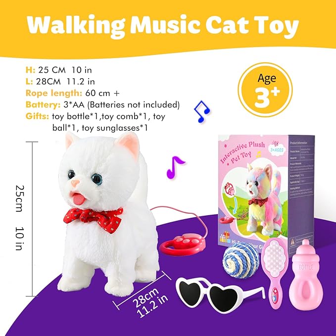 White Leash Walking Cat Set Interactive Talking Cat Singing Dancing Kitten Mimicking Repeat What You Say Kitty Touch and Voice Control Nodding Wagging Tail Plush Electric Kitty for Kid Gril
