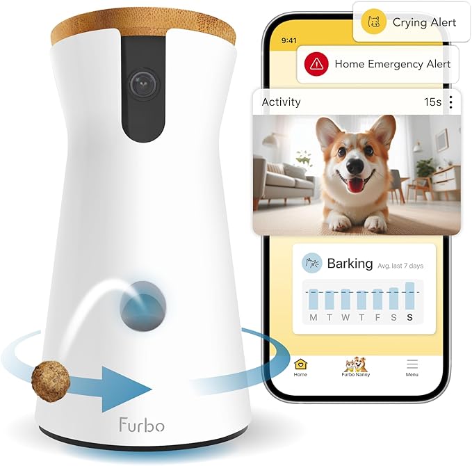Furbo 360° Dog Camera: Pet Security Cam w/Barking Alerts, Rotating View, Treat Toss w/Phone App, Smart Home Puppy Monitoring, 2-Way Speaker, No Subscription Needed. Standard See, Talk, & Toss Features
