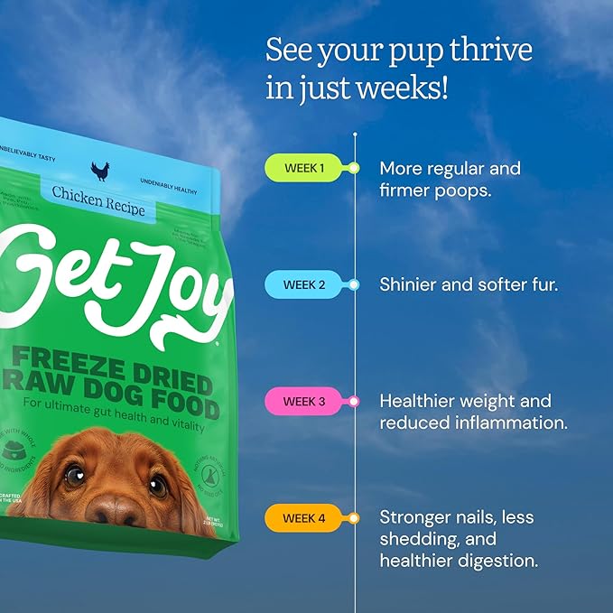 Get Joy Freeze Dried Raw Chicken Dog Food, High Protein Grain Free Meal, Topper & Treat, Gut Health Support with Probiotics, Small to Large Breed, 16oz Bag