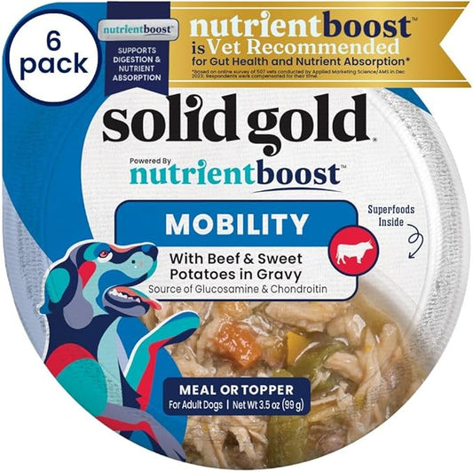 Solid Gold Wet Dog Food Topper & Meal Cups - W/Beef & Sweet Potato for Hip & Joint Support, Sensitive Stomachs & Gut Health - for Puppy, Adult & Senior Small Breed & Large Breed Dogs - 3.5oz/6 Pack