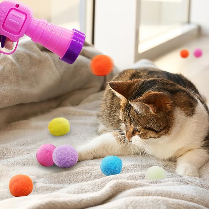 Andiker Cat Toy Balls Set, 30pcs Plush Cat Pom Pom Balls&a Plastic Launcher Set for Kitten Catch&Fetch Interactive Cat Toy with Colorful&Soft Cat Balls for Indoor Cats to Keep Fit (Pink 100balls)