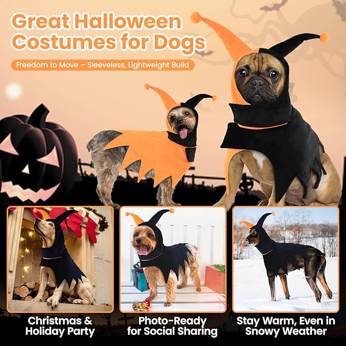 QBLEEV Dog Halloween Costume, Funny Party Circus-Inspired Cosplay with Hood & Cape, Winter Warm Pullover Clothes for Cold Weather, Adjustable Pet Outfit Hoodie for Small Medium Large Dogs