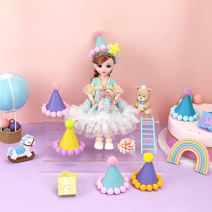 12 Pack Mini Party Hats for Stuffed Animals, Mini Hats with Pom Poms Dog Birthday Party Hats for Dolls Dog Cat Pet Birthday Decoration