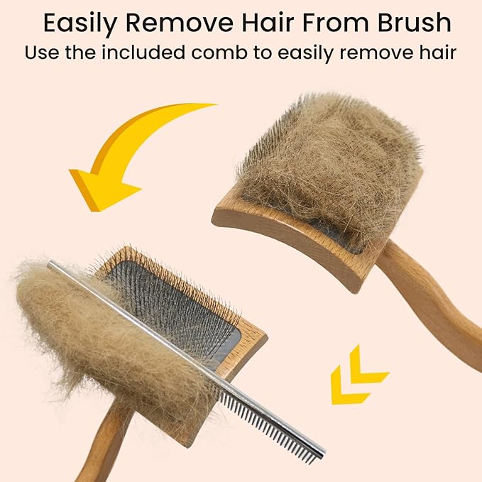 Dog Slicker Brush for Shedding,Dog Brush for Long Haired Dogs & Remove Tangles & Mats,Ergonomic Handle Grooming Like Professional,Beech Wood,M