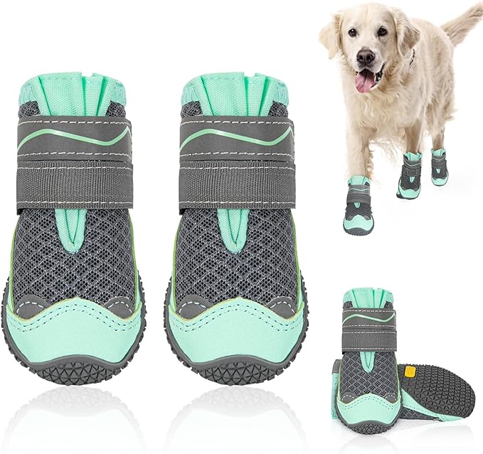 SlowTon Dog Shoes for Large Small Medium Dogs - Breathable Dog Boots for Summer Hot Pavement, Paw Protector for Outdoor Walking Winter Snow, Anti-Slip Rubber Dog Booties for Hardwood Floor (Green, 8)