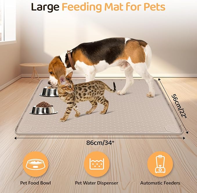 Dog Food Mat, Extra Large 34" x 22" Silicone Pet Feeding Mat with Raised Edge Pet Placemat for Small, Medium, and Large Pets Non-Slip, Easy to Clean (Beige)