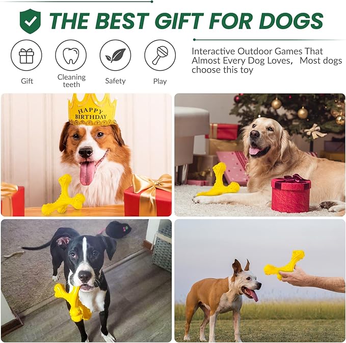 Dog Chew Toys for Aggressive Chewers Large Breed,Indestructible Bones Toy，Durable Cleaning Toothbrush Natural Rubber Dog Toys… (Yellow)