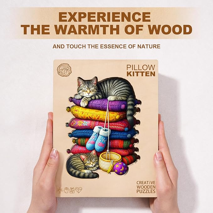 KAAYEE Wooden Puzzles for Adults, Pillow Kitten Puzzles, 150 Piece Unique Animal Shape Puzzle, Cat Wood Puzzle for Adults, Creative Gifts for Cat Lover/Friends/Family, Home Decor(11.4 * 8.7in)