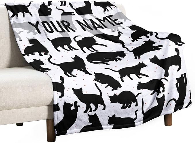 Personalized Cat Blanket Gifts with Name - 30"x40" Cute Throw Blanket for Adults Kids - Black Soft Plush Throws for Bed, Couch & Travel