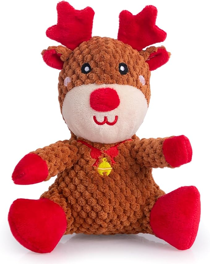Hollypet Christmas Squeaky Plush Stuffed Durable Dog Toys, Cute Puppy Chew Toys for Small, Medium and Large Breed Dogs, Sitting Elk