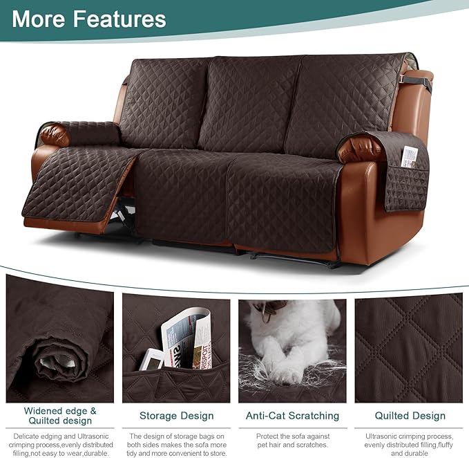Ruaozz Waterproof Recliner Sofa Cover 1-Piece Couch Covers for Reclining Couches Reclining Sofa Cover Washable Furniture Protector with Elastic Straps Pocket for Kids, Pets (Chocolate, 3 Seater)