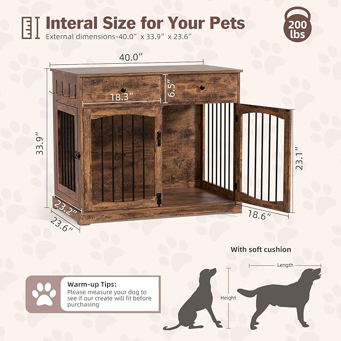 40'' Wooden Dog Crate Furniture–Farmhouse Dog Kenel-Multi Purpose Pet House with Double Doors, 2 Drawers, for Small, Medium & Large Dogs–Rustic Brown Finish