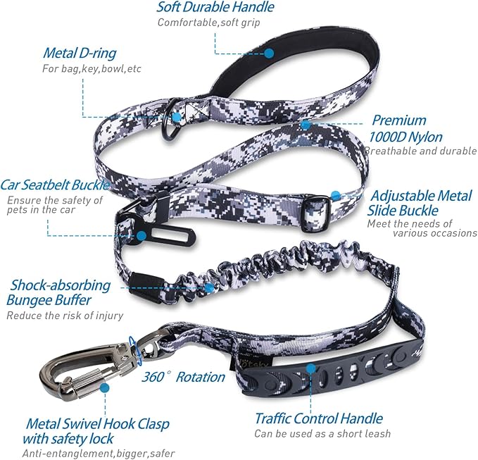 Hotsky Tactical Dog Leash Heavy Duty for Medium Large Dogs That Pull,4-6Ft Strong Bungee Shock Absorbing No Pull Dog Leash with Padded Double Handle and Car Seatbelt,ACU