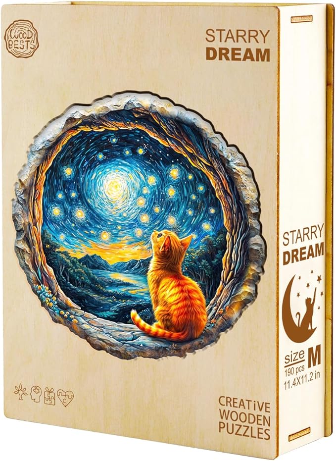 Jigfoxy Wooden Puzzles for Adults, Starry Night Wood Puzzles Adult, Unique Animal Shape Wooden Jigsaw Puzzles for Adults, Birthday Gifts for Puzzle Lovers, Family, Friend (S-8.5 * 8.3in-100pcs)