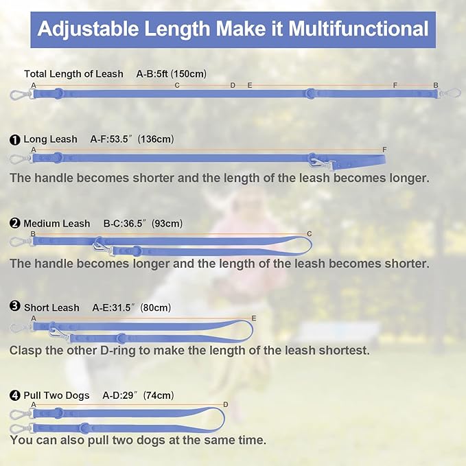 Wisedog Waterproof Dog Leash – 5ft/6ft Adjustable with 2 Hooks & Traffic Handle, Easy to Clean Double Clip Leash for Small, Medium, Large Dogs (Blue,M)