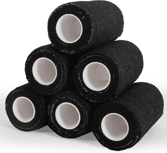6 Rolls Elastic Self Adhesive Bandage Wrap 4 Inch, Breathable Non Woven Cohesive Bandage, Vet Wrap for Dogs, Ankle Sprains Swelling Medical First Aid Tape, Sports Athletic Tape Black