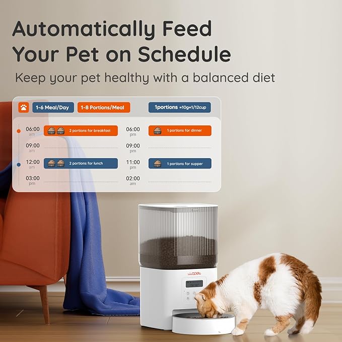 WOPET Automatic Cat Feeder, 4L Automatic Dog Feeder with 180-Day Battery Life, Programmable Cat Food Dispenser with Stainless Steel Bowl，1-6 Meals Per Day (White-01, Regular)