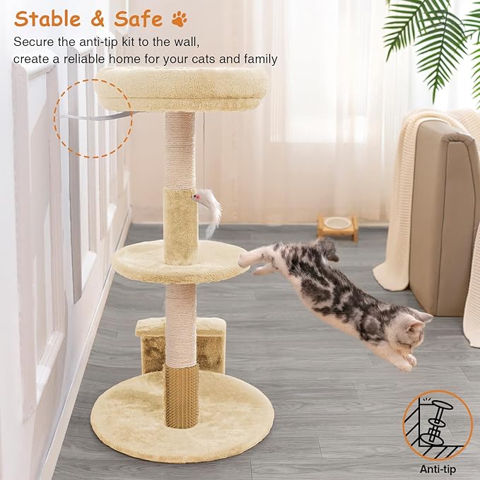 Large Cat Tree Tower with Scratching Post, Modern Kitten Tower for Indoor Cats, 32 Inch Tall Carpet Sisal Cat Scratcher Stand with Big Bed Perch,Scratch Ramp, Ball Toy for Kitty (Beige)