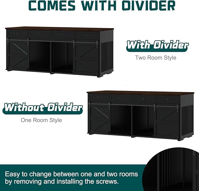 Furniture Style Dog Crate, 83" L Super Large Indoor Wooden Farmhouse Dog Kennel Furniture with Double Sliding Barn Doors, 4 Drawers & Room Divider, for Large Breed Dogs, Black