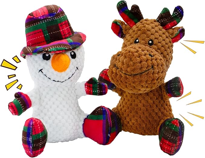 Dog Toys Squeaky Interactive Stuffed PP Cotton Puppy Teething 2-Pack Chew Toy Deer Shape Crinkle Sound Paper Tail, for Large Medium Small Breeds Indoor Outdoor Play