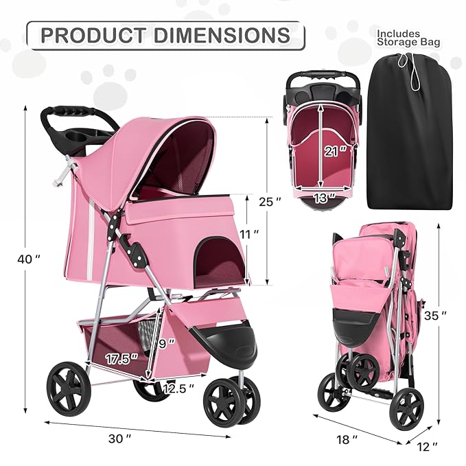 MoNiBloom 3-Wheels Foldable Pet Stroller with Waterproof Cover, Pet Strolling Cart for Small/Medium Dogs and Cats with Storage Basket and Cup Holder, Breathable and Visible Mesh for All-Season, Pink