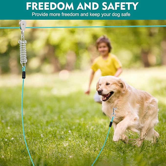 100FT Dog Runner for Yard with 15FT Tie Out Cable - Heavy Duty Trolley System for Large Dogs Up to 250LBS, Backyard/Park/Camping Use (Ice Blue, 100FT+15FT)