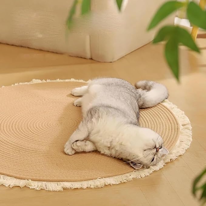 Cotton Rope Area Rug for Cats, Washable Round Vintage Reversible Woven Tassel Rug, Large Natural Premium Cotton Rope Cat Scratching Mat, Easy to Clean (Grey, 32inch)