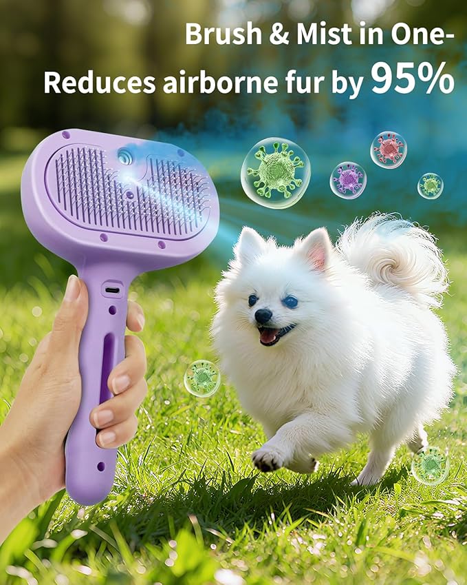 Dog Steam Brush 5 in 1 Cat Brush with Steam and Release Button Grooming Tool for Indoor Pets Dogs Hair Removal Shedding Water for Small Animals Long Short Haired(PURPLE)