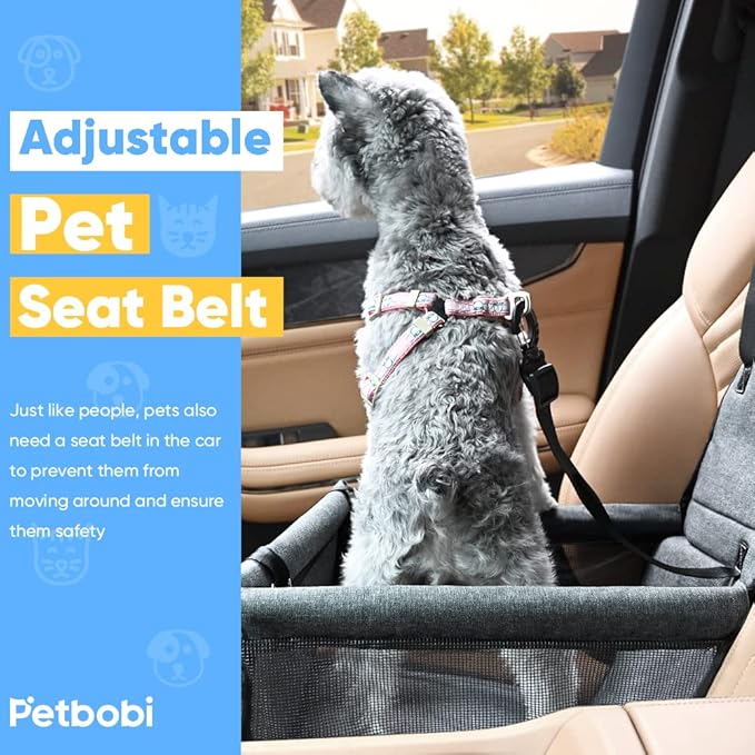 Petbobi Pet Reinforce Car Booster Seat for Dog Portable and Breathable car Booster seat with Seat Belt Dog Carrier Safety car seat for Travel, with Clip on Leash with PVC Tube (Cationic Fabric Grey)
