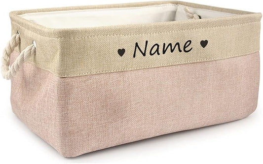Personalized Dog Toy Box, Dog Toy Basket Storage with Cotton Handle, Customized Name and Paw Heart Print Puppy Toy Bin for Organizing Food Clothes and Pets Accessories(Heart Pink)