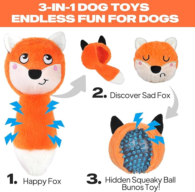 Fida Squeaky Dog Toys for Aggressive Chewers 3 in 1, Dog Chew Toys with 3 Layers,Interactive Dog Toys for Large Dogs Balls to Keep Them Busy for Small Medium Dogs(Fox)