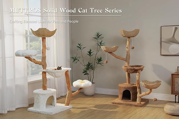 59" Cat Tree Tower with Real Solid Wood Natural Branch, Modern Cat Tree for Large Cats w/3 Handwoven Wicker Baskets- Luxury Boho Cat Furniture w/Condo & Soft Hammock, Scratching Post, Brown