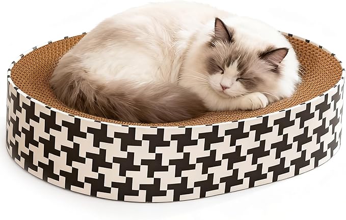 2-in-1 Oval Cat Scratcher Cardboard Bed Lounge, Durable Cat Scratch Pad for Indoor Cats/Kittens, Corrugated Kitty Scratching Bowl with Furniture Protector, 16.33 * 13.19"