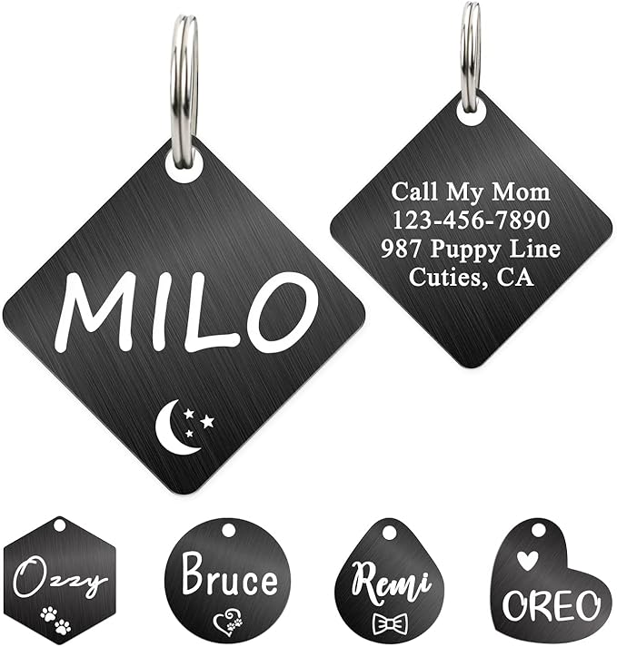 Ultra Joys Dog ID Tag, Custom Dog Tag Personalized Cat Tag, Pet ID Tag, Brushed Stainless Steel Diamond Dog Tag Black Medium